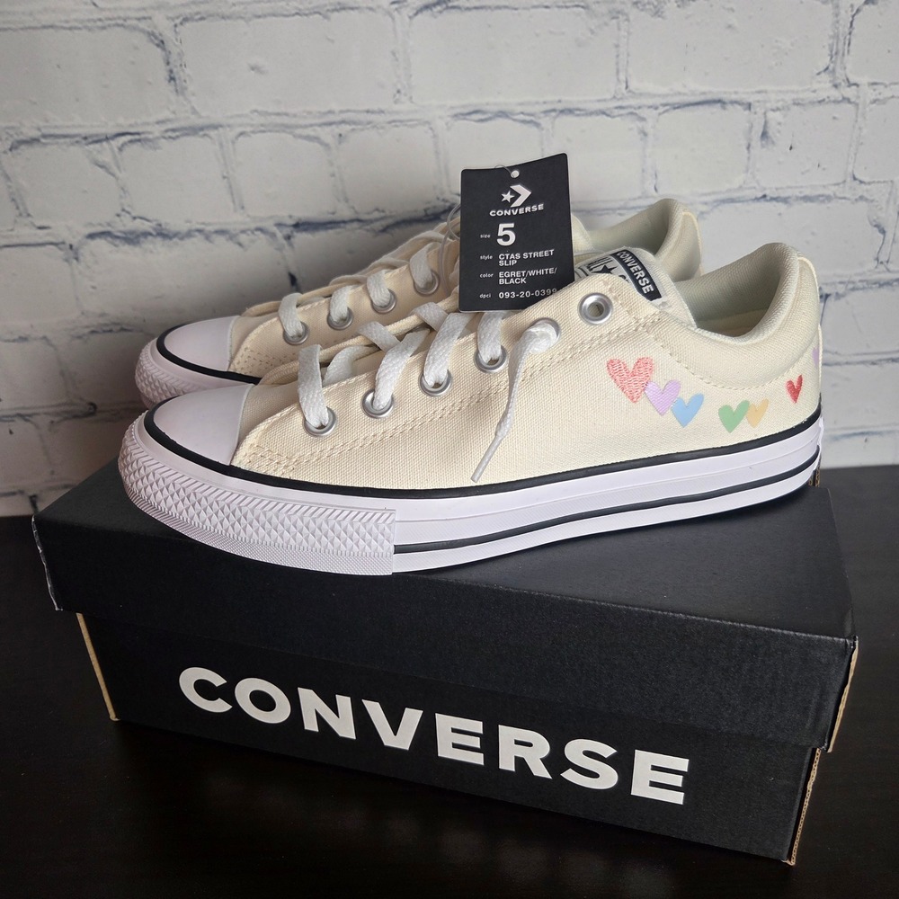 Converse CTAS Street Slip Egret White Heart Embroidered Kids Shoes 5 A19812F